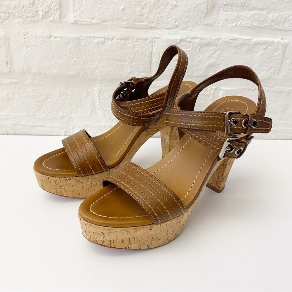 Miu Miu || Double Ankle Buckle Open Toe Cork Block Heel Platform Sandal 38.5